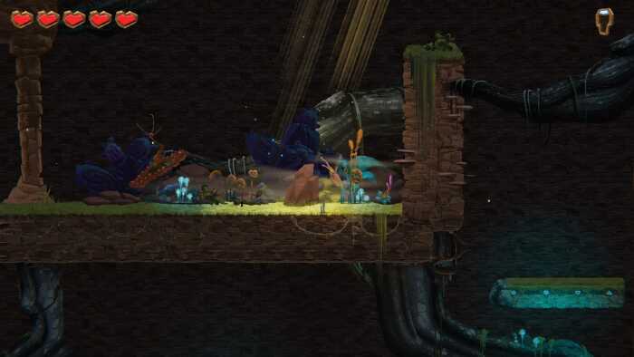 Dark cave platform — gameplay with health bar and inventory